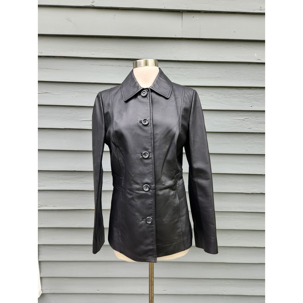 Vintage 90s y2k Leather Jacket Black Button Front Car Coat Burgundy Lining Small - Picture 2 of 7
